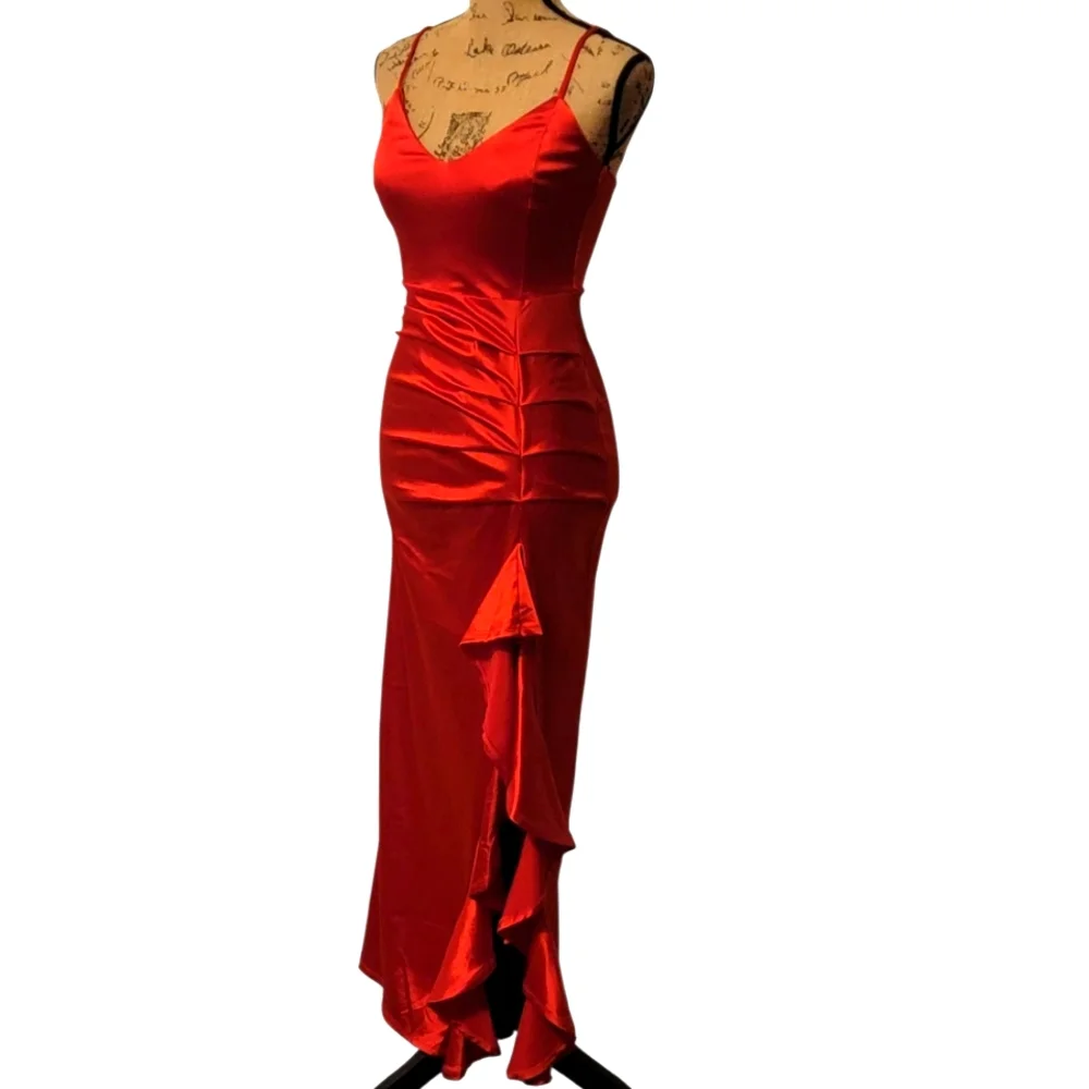 Liz & Sara Satin Ruched Ruffle Spaghetti Strap Bodycon Slip Dress